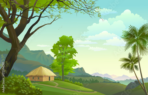 A lonely hut in the middle of meadows, mountains, plants, and trees