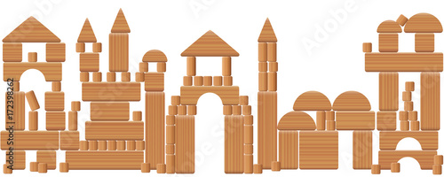Toy city made of wooden blocks - imaginary skyline scenery with fairytale buildings build with many different natural wood elements - a typical childhood leisure game. Vector on white background.