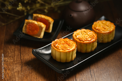 chinese mid autumn festival mooncake with egg yolk photo