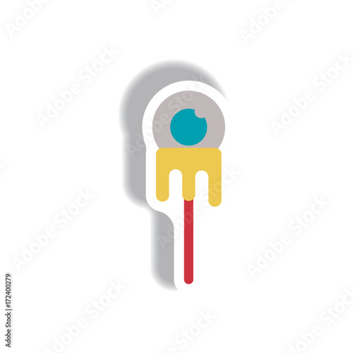 Vector illustration paper sticker Halloween icon Bloody eyeball on stick