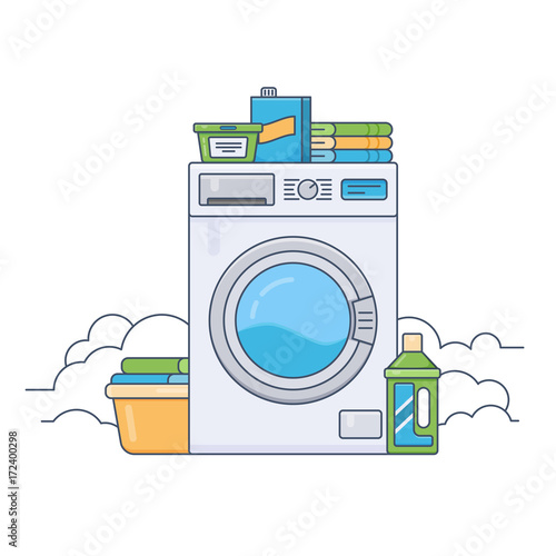 Laundry room with working washing machine. Thin line flat design vector illustration