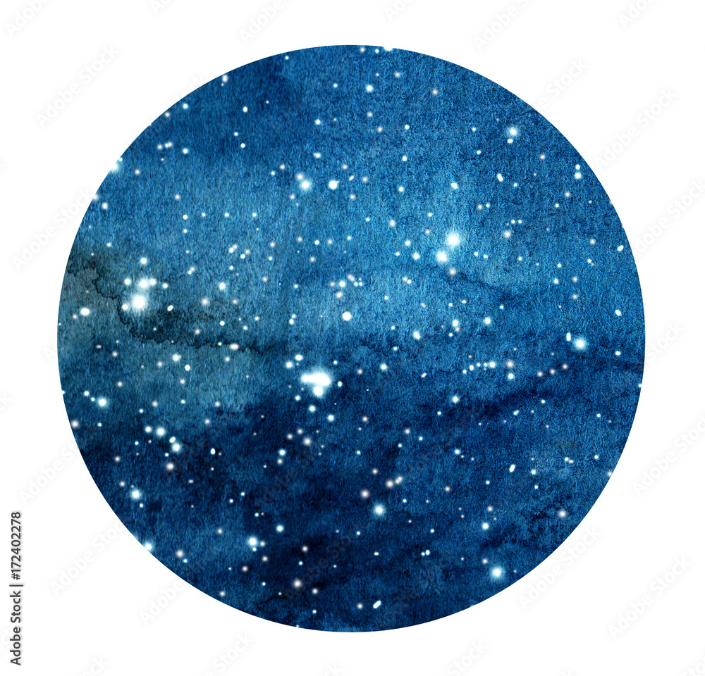 Hand drawn stylized grunge galaxy or night sky with stars. Watercolor space background. Cosmos illustration in circle. Brush and drops. Hand drawn stylized grunge galaxy or night sky with stars. Watercolor space background. Cosmos illustration in circle. Brush and drops.