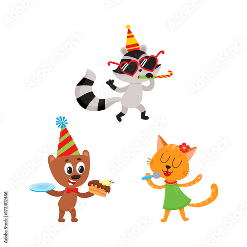 vector flat cartoon animals character happily smiling in paty hat set. bear eating piece of cake, cat in dress singing at microphone, raccoon whistling. Isolated illustration on a white background
