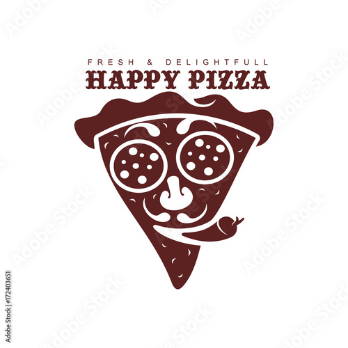 vector flat happy pizza slice icon. Isolated illustration on a white background. Pizzaria , delivery company brand , logo ready to use design. Face-like sliced pizza smiling with pepper tongue.
