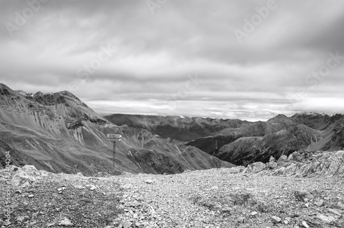 Stelvio Peak panorama. Black and white photo