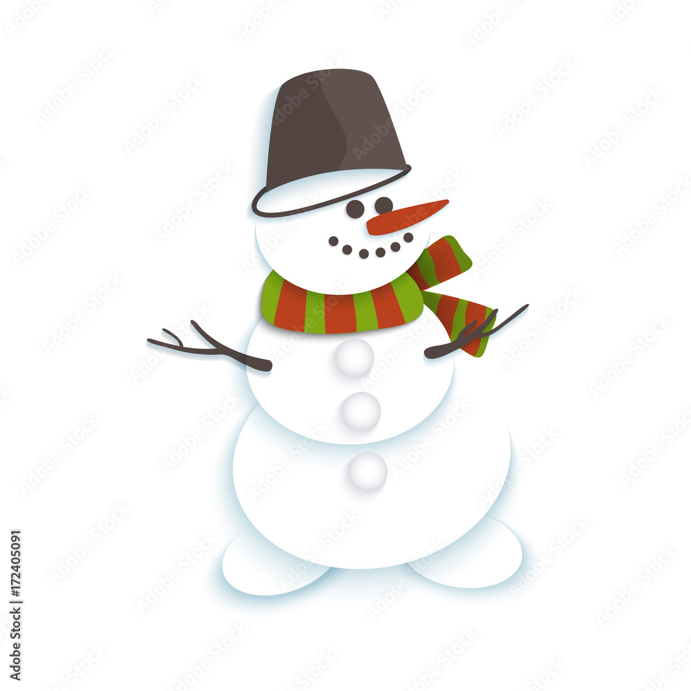 vector flat cartoon snowman in bucket and striped scarf smiling. Isolated illustration on a white background. Cheerful snow character, winter sybols concept vector flat cartoon snowman in bucket and striped scarf smiling. Isolated illustration on a white background. Cheerful snow character, winter sybols concept
