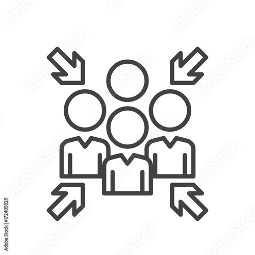 Emergency assembly point line icon, outline vector sign, linear style pictogram isolated on white. People with arrows symbol, logo illustration. Editable stroke. Pixel perfect vector graphics
