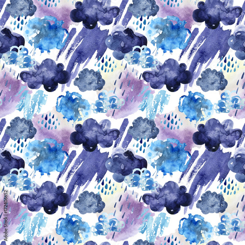 Watercolor seamless pattern of rainy clouds.