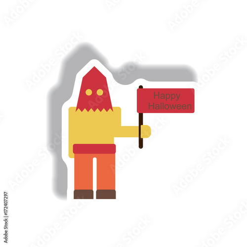 Vector illustration paper sticker Halloween icon Executioner with happy halloween flag