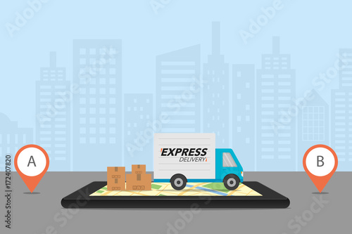 Express delivery concept. Delivery service app on mobile phone. Delivery truck with cardboard box on mobile phone and city background.