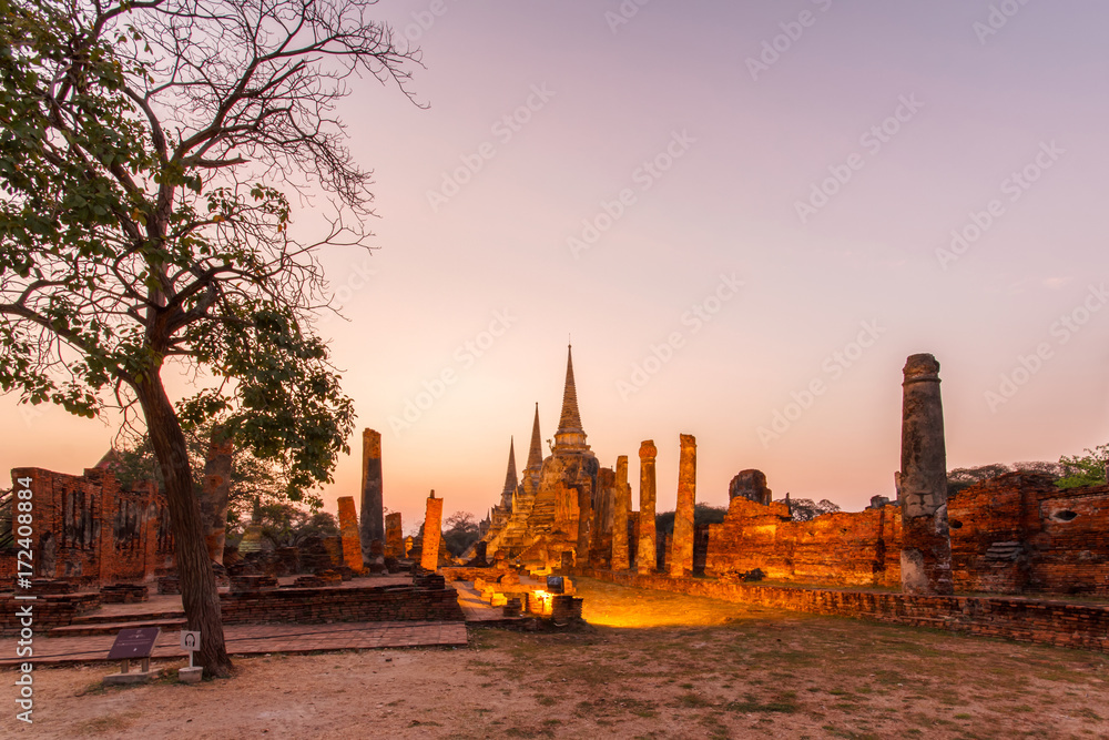 Asian religious architecture, Ancient pagoda at Wat Phra Sri Sanphet Temple under twilight sky, Ayutthaya Province, Thailand
