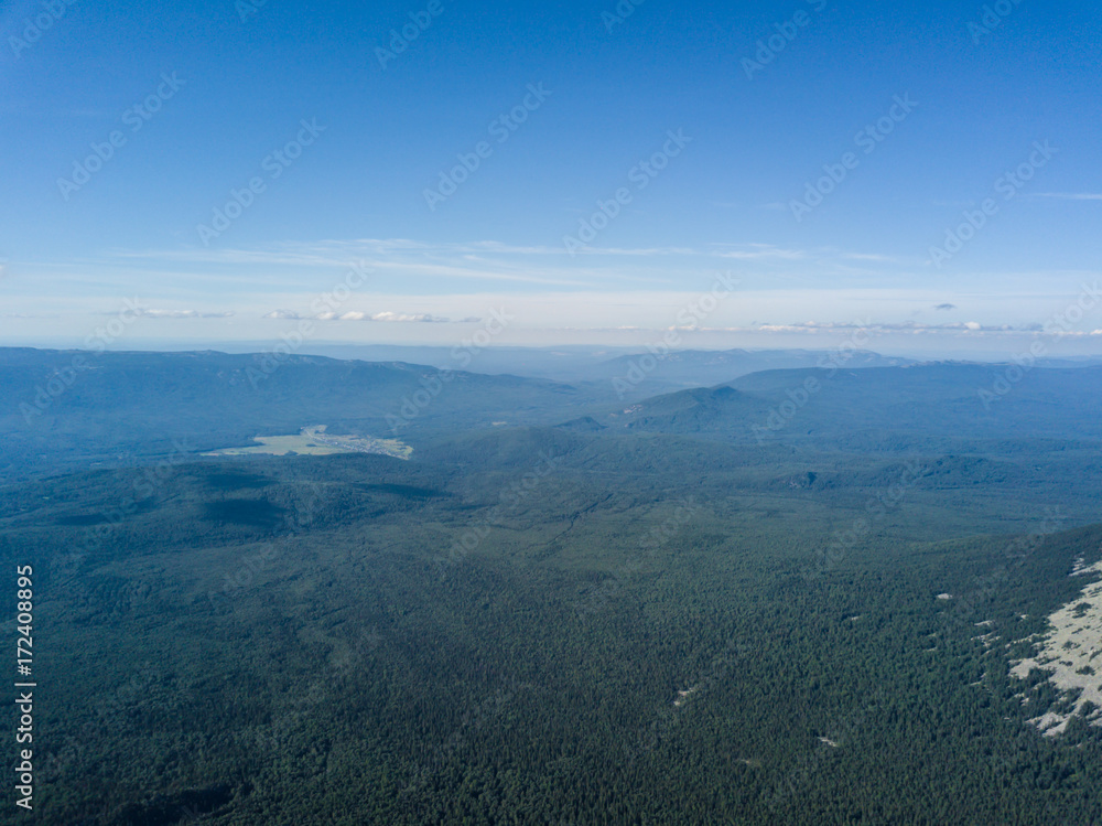 Mountain landscape in the vicinity of Mount Iremel. Aerial view
