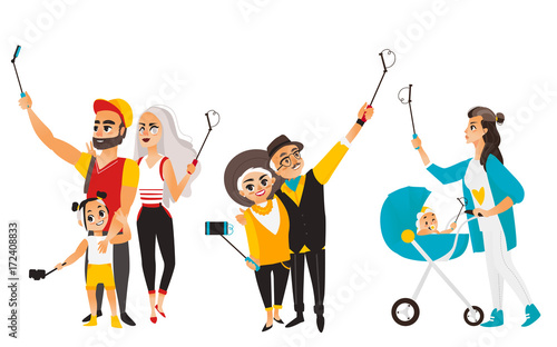 People, couples making selfie using phone and monopod, flat cartoon vector illustration isolated on white background. Young mother, couple and family members all making selfie with phones and monopods