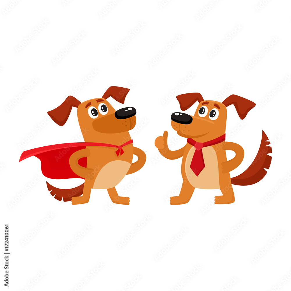 Two funny brown dog characters, one standing in superhero cape, another showing thumb up, cartoon vector illustration isolated on white background. Two funny house dog characters Two funny brown dog characters, one standing in superhero cape, another showing thumb up, cartoon vector illustration isolated on white background. Two funny house dog characters