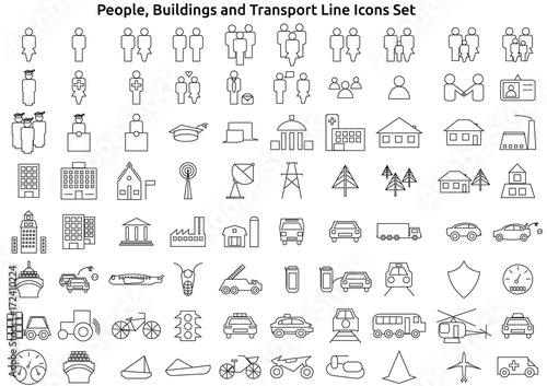 People, Buildings And Transport Line Icons Set
