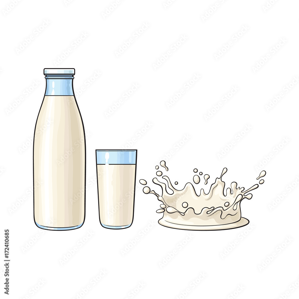 Vector cartoon glass bottle, cup of milk and milk splash drop. Isolated  illustration on a white background. Soft drink, refreshing beverage image.  Stock Vector | Adobe Stock