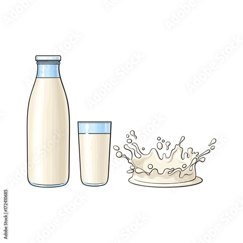 Vector cartoon glass bottle, cup of milk and milk splash drop. Isolated illustration on a white background. Soft drink, refreshing beverage image.