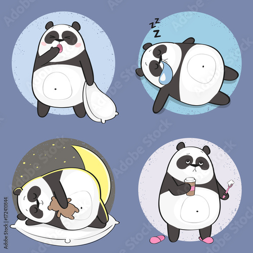 Set of cute panda bear stickers in various poses. Sleeping  cartoon panda character