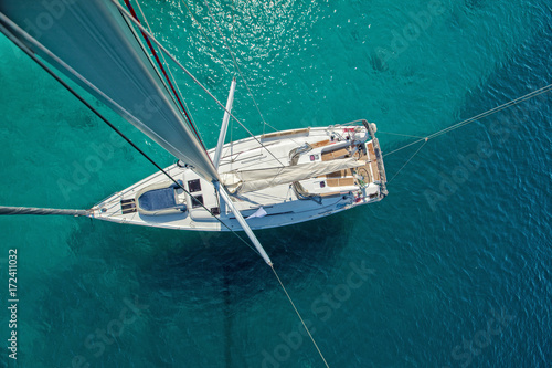 View from high angle of sailing boat. Aerial photography of ship deck