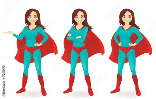 Superwoman in different poses vector illustration set