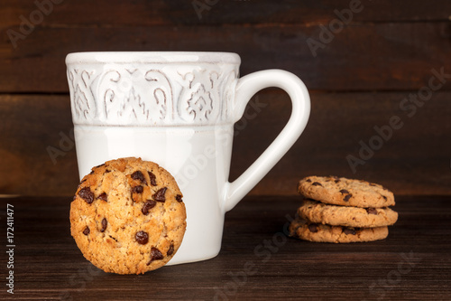 Chocolate chips cookies, hot chocolate, and place for text