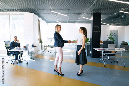 Business people in the office. Two women shaking hands.