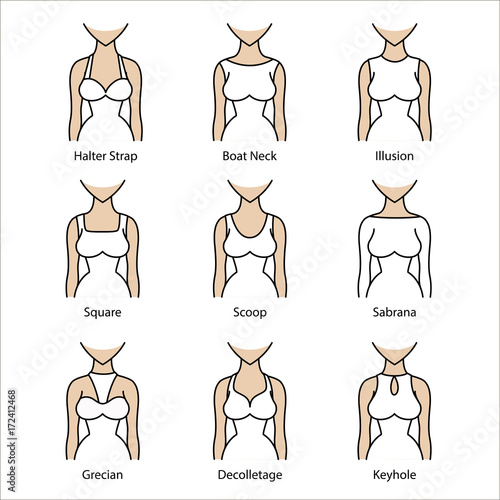 Vetor de Wedding dress necklines. Icon types of necklines for