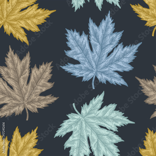 Engraving seamless pattern of maple leaves and seeds