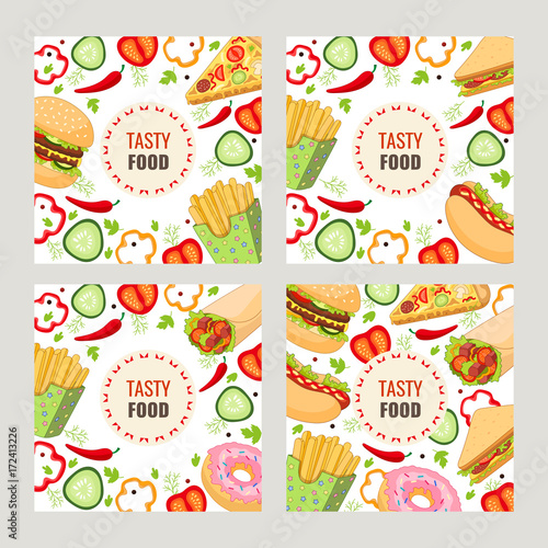 Vector fast food template set. burger pizza slice, roll doner kebab potato fry sandwich donut. flat cartoon isolated illustration on a white background. Mixed objects with free space for your text