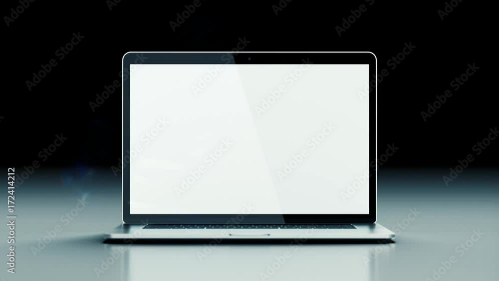 Moderner Laptop bewegt sich drehend auf die Kamera zu und öffnet sich dabei Moderner Laptop bewegt sich drehend auf die Kamera zu und öffnet sich dabei