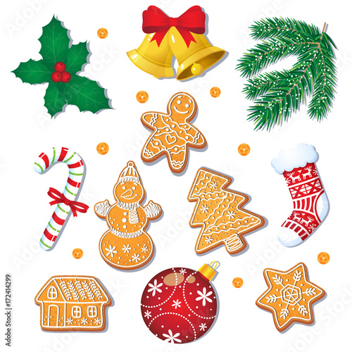 Big set of glazed Christmas gingerbread cookies and decorations, fir tree, mistletoe, candy cane, cartoon vector illustration isolated on white background. Christmas gingerbread cookies, decorations photo