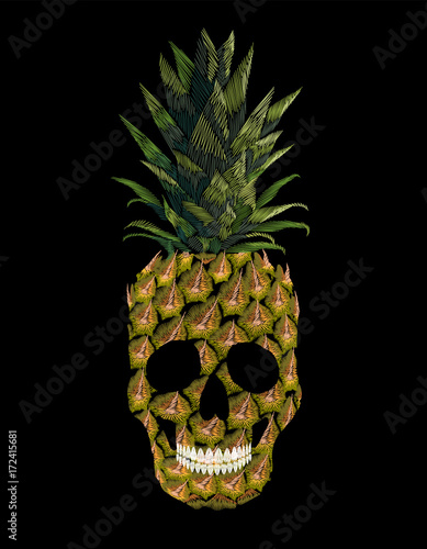 Embroidery skull pineapple t-skirt print. Fashion decoration patch embroidered imitation. Yellow exotic fruit tropical art. Vector illustration black background