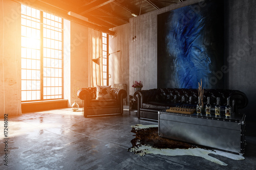 Polished concrete living room with bright windows