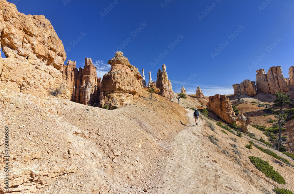 Hiker with Backpack on Trail in Bryce Canyon