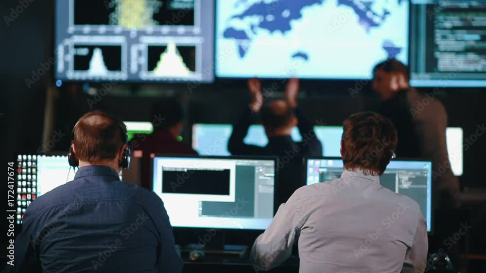 custom made wallpaper toronto digitalGroup of People in Mission Control Center filled with Displays, Celebrating Successful Rocket Launch.