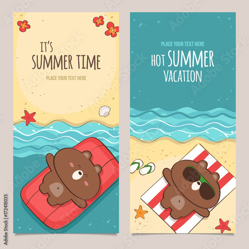 set of vertical banners with cute bear character enjoying summer vacations on the beach