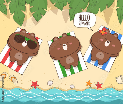 Summer holiday illustration with cute bear characters