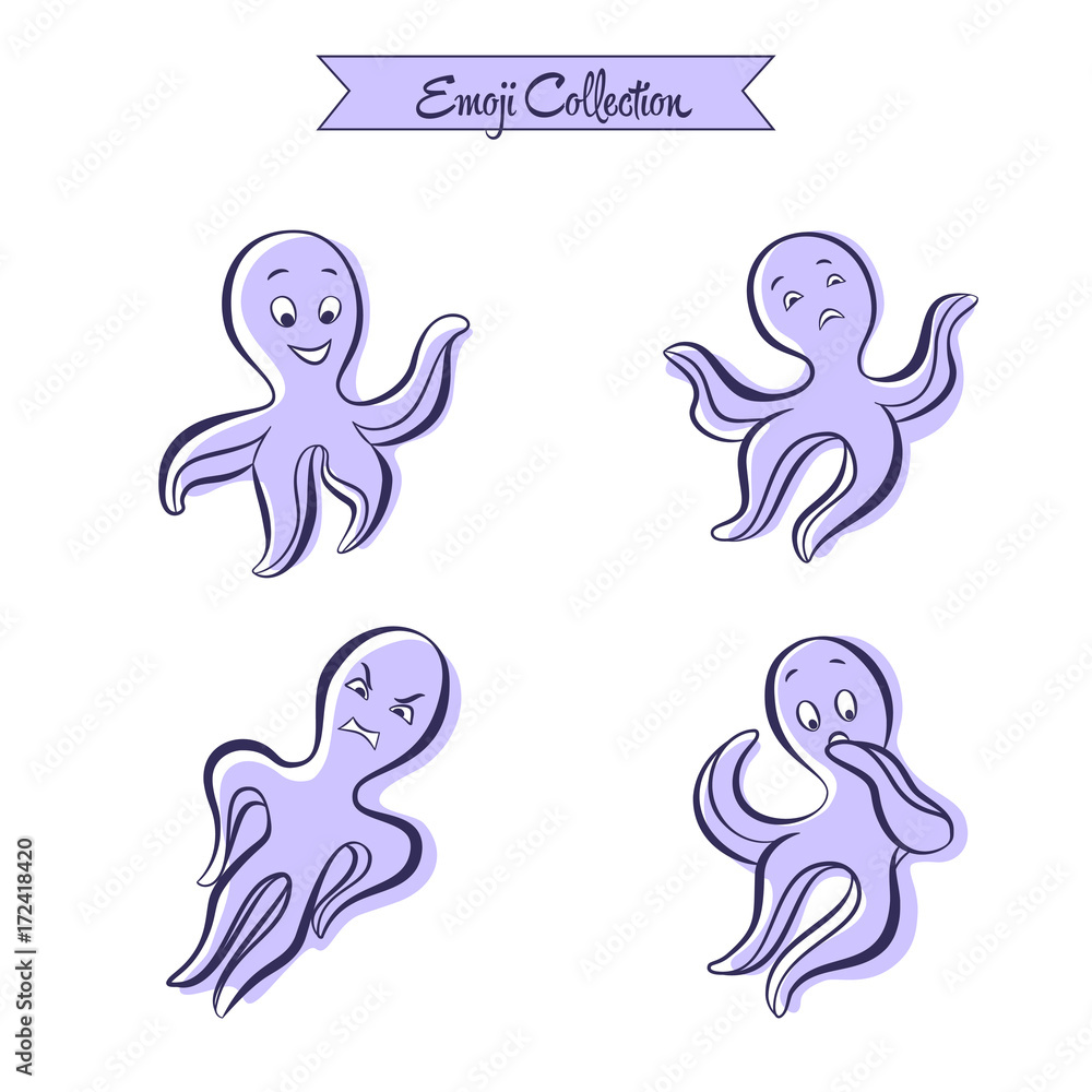 Set of octopus emoji with eyes and mouth. Violet vintage character with cute cartoon faces. Sadness, surprise, anger and joy. Vector illustration. Set of octopus emoji with eyes and mouth. Violet vintage character with cute cartoon faces. Sadness, surprise, anger and joy. Vector illustration.