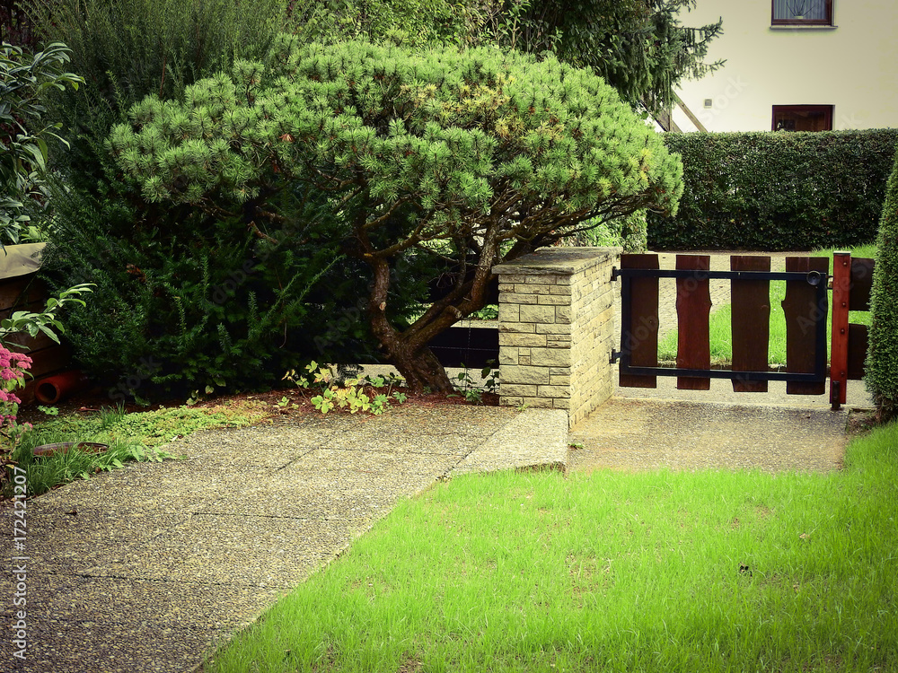 garden, baum, busch, strauch, gras, hecke, green, mauer, naturstein, weg,  gartentür, holz, braun, metall, herbst, pflanze, ausserhalb, land Stock  Photo | Adobe Stock