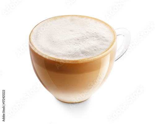 Espresso macchiato coffee isolated on white background. Foamy coffee and milk drink in a transparent glass cup.