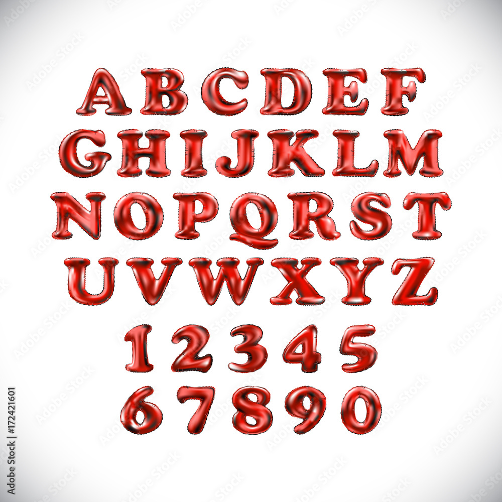 English alphabet and numerals from red, balloons on a white background. holidays and education English alphabet and numerals from red, balloons on a white background. holidays and education