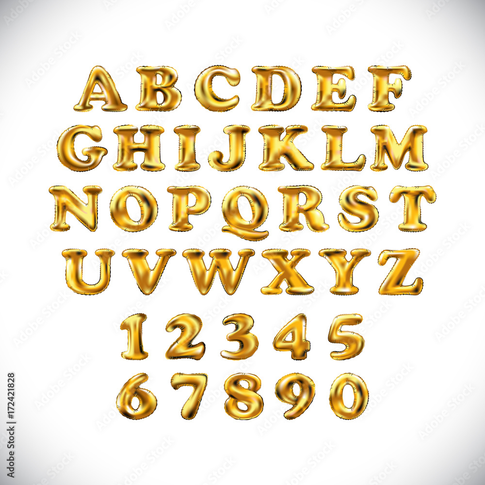 English alphabet and numerals from yellow Golden balloons on a white background. holidays and education English alphabet and numerals from yellow Golden balloons on a white background. holidays and education