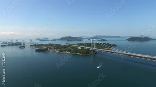 瀬戸内海と瀬戸大橋を一望する空撮