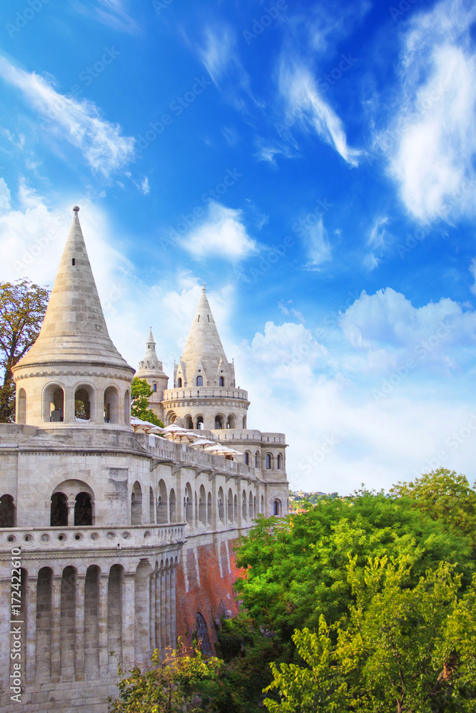 Beautiful view of the towers of the Fishermen's Bastion in Budapest, Hungary