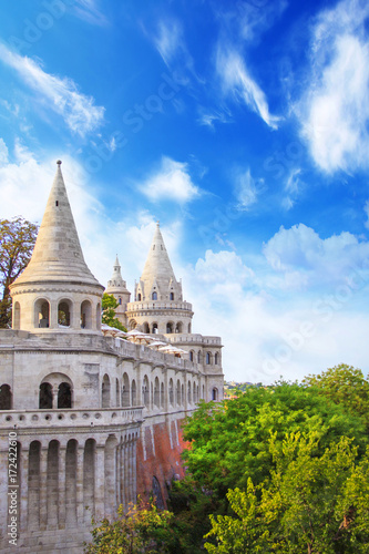 Beautiful view of the towers of the Fishermen's Bastion in Budapest, Hungary