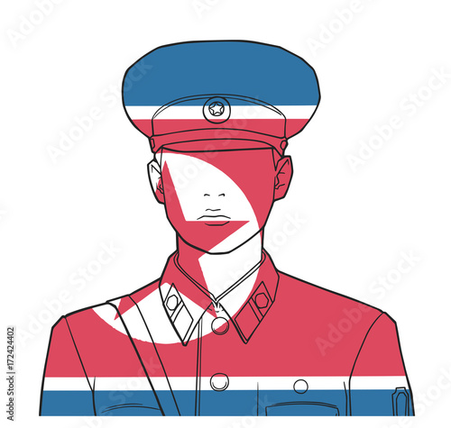 Illustration of north korean soldier wearing uniform with flag texture in color