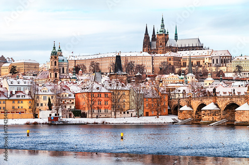 Prague Castle and Charles Bridge at winter, Czech Republic.