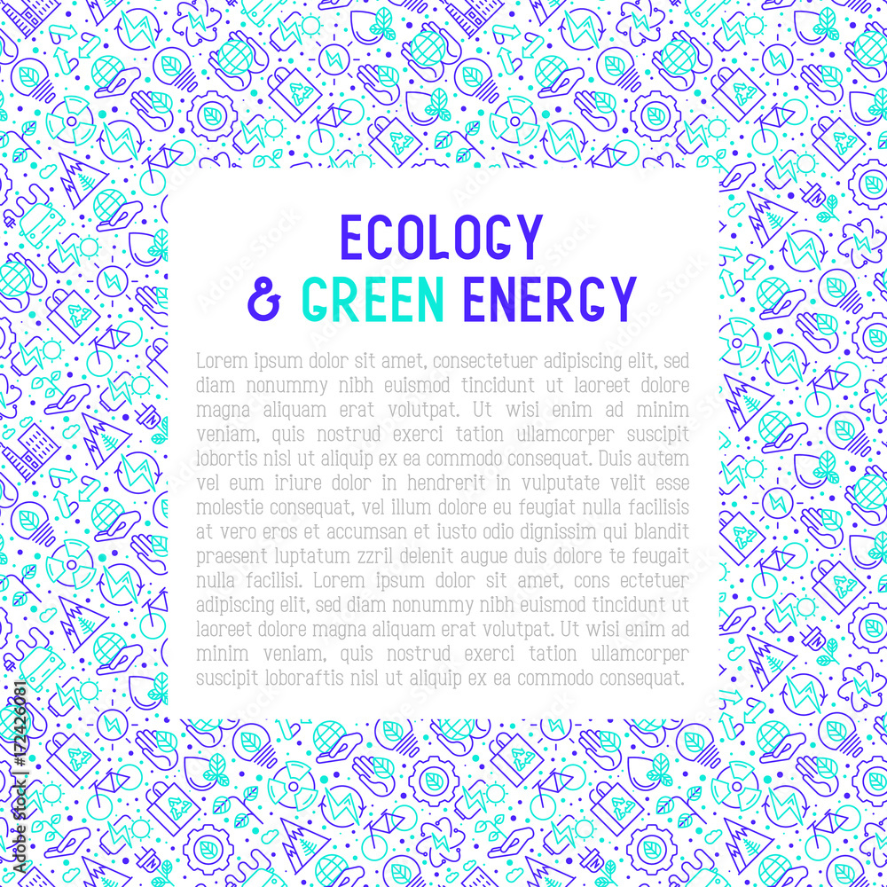 Ecology and green energy concept with thin bicolour line icons for environmental, recycling, renewable energy, nature. Vector illustration for banner, web page, print media.