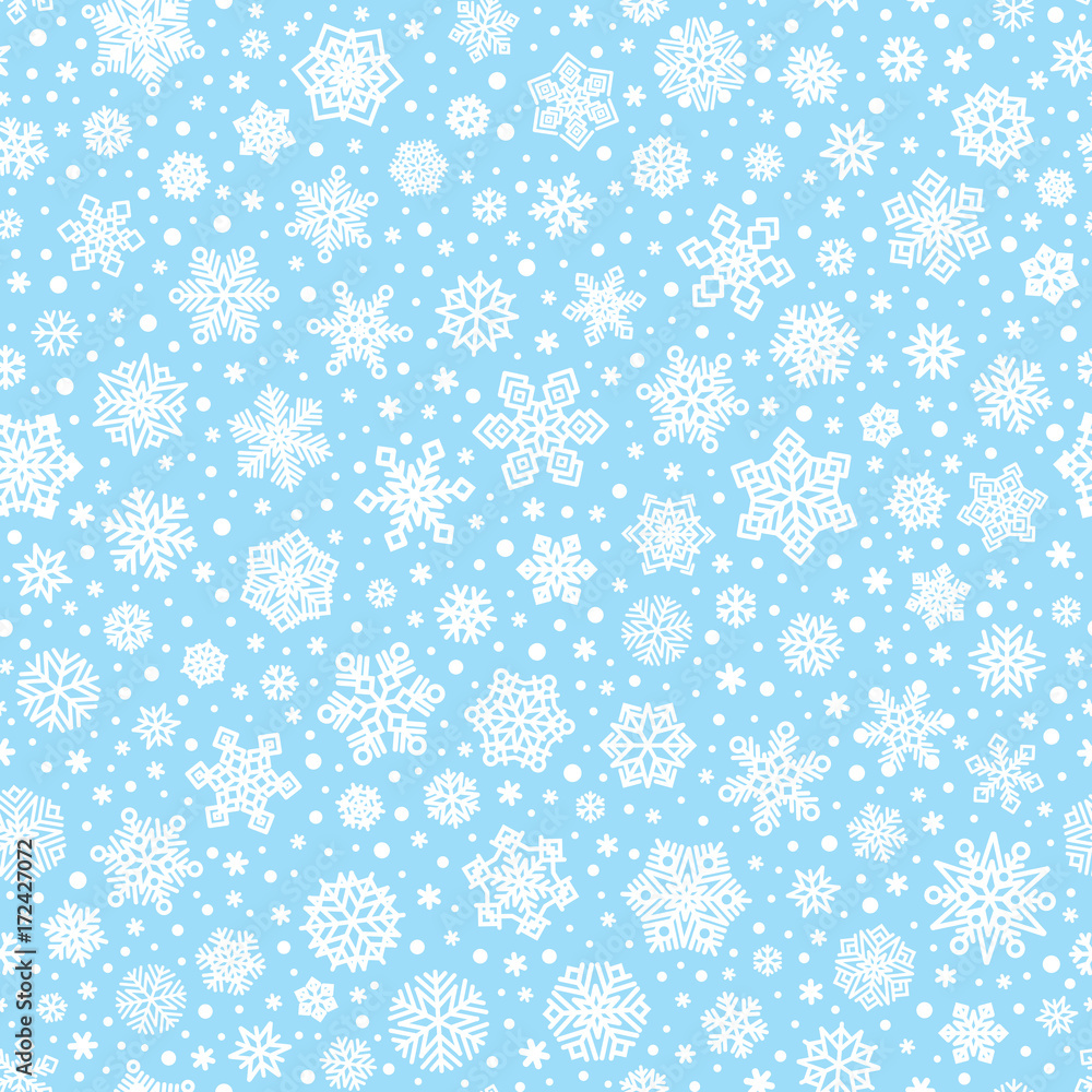 Vector seamless pattern of white snowflakes on light blue background for christmas or new year holiday cards, banners, wrapping paper and other winter decoration. Vector EPS 10 Vector seamless pattern of white snowflakes on light blue background for christmas or new year holiday cards, banners, wrapping paper and other winter decoration. Vector EPS 10
