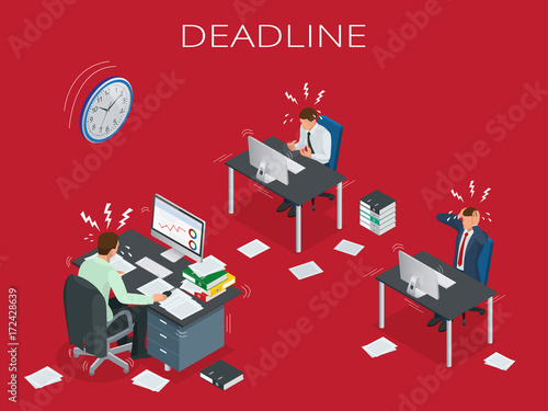 Deadline Concept of overworked man Time to work Time management project plan schedule Sand clock Flat 3d vector isometric illustration